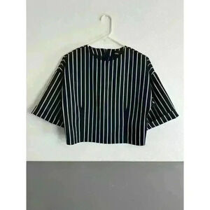 ASOS | Black + White Striped Cropped Blouse‎ Sz. 4 Cuff Sleeve Business Casual